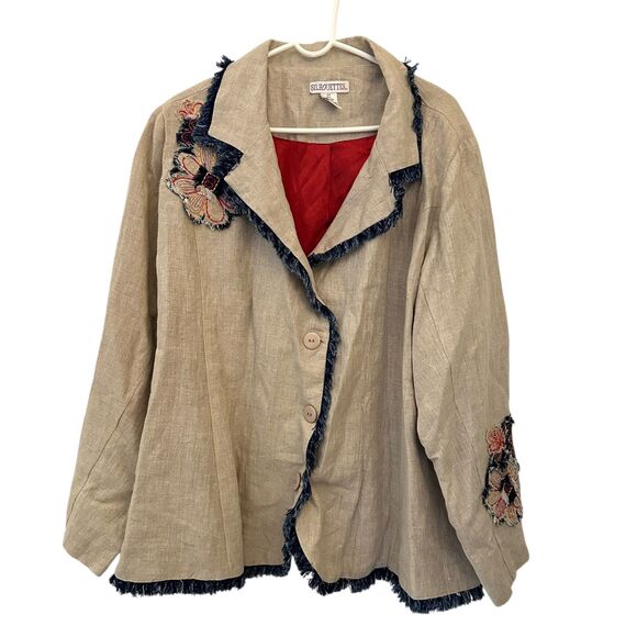 Silhouettes Beige 100% Linen Satin Lined Floral Embroidered 3 Button Blazer 24W - Picture 1 of 8